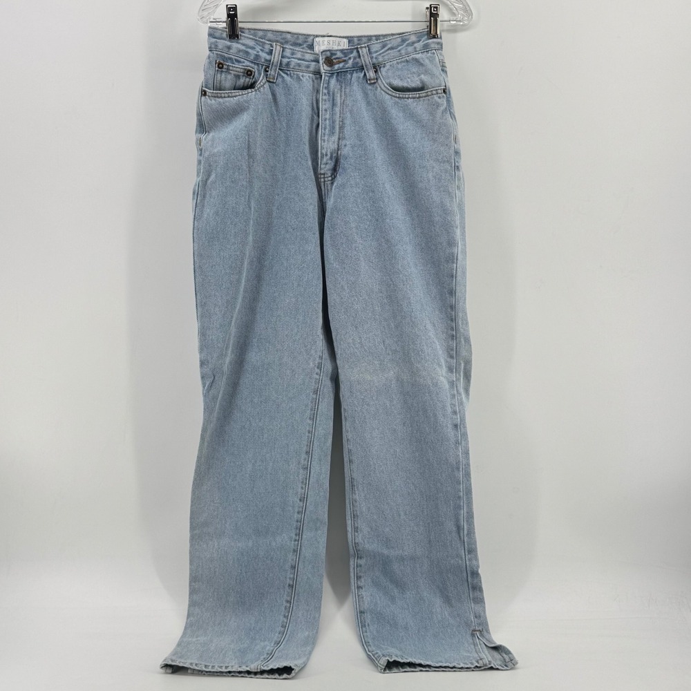 MESHKI Denim Light Wash High Waisted Straight Leg Split Hem Jeans Womens Size 10